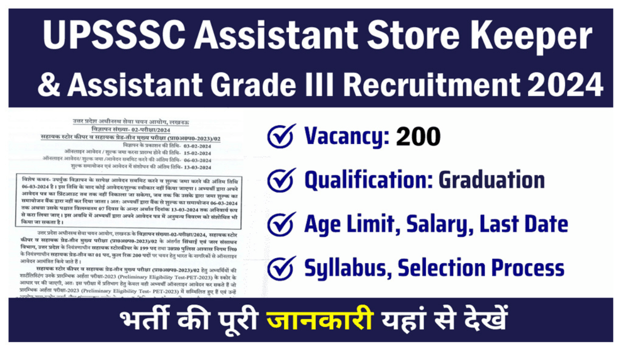 UPSSSC Assistant Store Keeper, AG III Recruitment 2024 Apply Online for 200 Post